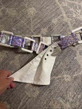 Vintage Astor Leather Belt with white & silver iridescent